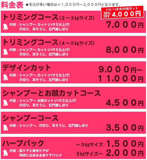 料金表※毛玉が多い場合は＋１０００円～２０００円となります。トリミングコース（２～３kgサイズ）。内容：シャンプー、カット（ハサミ仕上げ）、爪切り、耳そうじ、肛門腺しぼり６０００円（パピー（子犬）の初カットは３０％OFF４２００円。トリミングコース（４～５kgサイズ）。内容：シャンプー、カット（ハサミ仕上げ）、爪切り、耳そうじ、肛門腺しぼり７０００円。デザインカット。内容：シャンプー、カット（ハサミ仕上げ）、爪切り、耳そうじ、肛門腺しぼり８０００円～１００００円。シャンプーとお顔カットコース。内容：シャンプー、お顔カット（ハサミ仕上げ）、爪切り、耳同時、肛門腺しぼり３５００円。シャンプーコース。内容：シャンプー、爪切り、耳そうじ、肛門腺しぼり２５００円。送迎。当店から走行距離換算１０km圏内。詳しくはお気軽にお問い合わせ下さい。500円